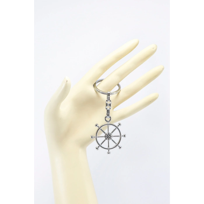 Gümüş Renkli Gemi Dümeni Figürlü Anahtarlık, Hediyelik Çanta Süsü