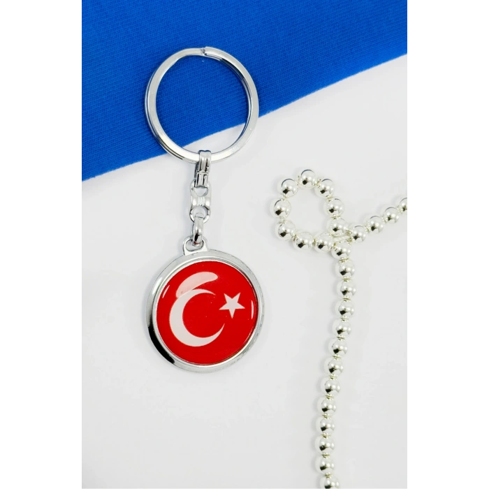 Gümüş Renk Halkalı Türk Bayarklı Ay Yıldız Anahtarlık, Hediyelik Çanta Süsü