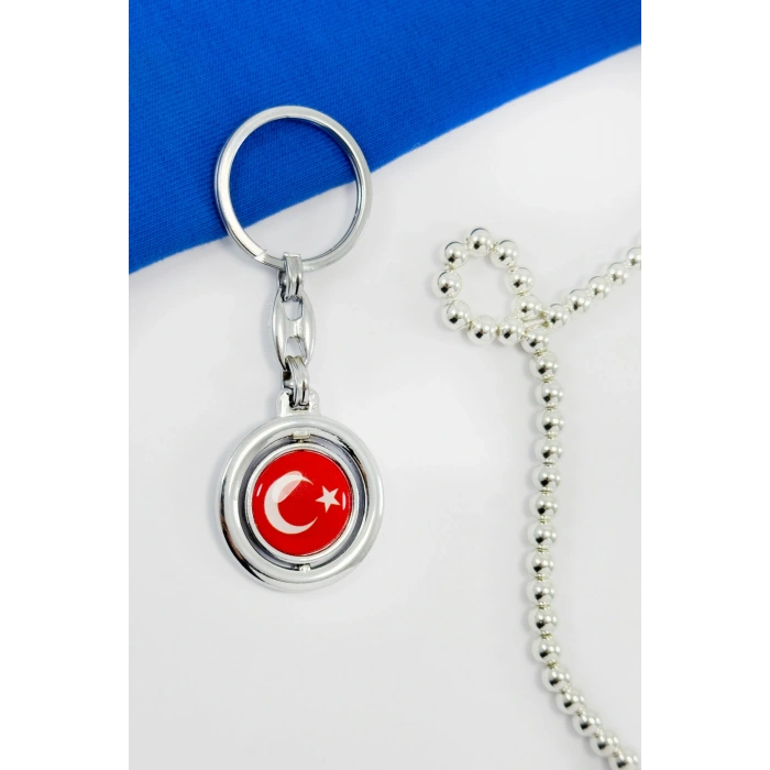 Gümüş Renk Halkalı Hareketli Ay Yıldız Anahtarlık, Hediyelik Çanta Süsü
