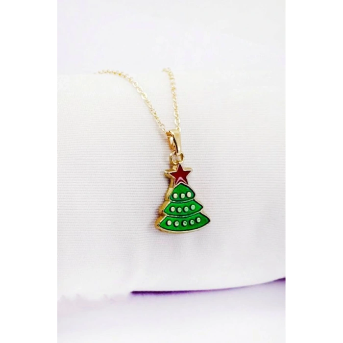Gold Zincirli Yılbaşı Çam Ağacı Kolye, Hediyelik Christmas Kolye (45 cm)