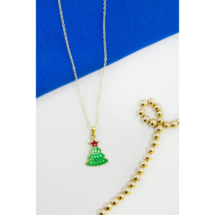 Gold Zincirli Yılbaşı Çam Ağacı Kolye, Hediyelik Christmas Kolye (45 cm)