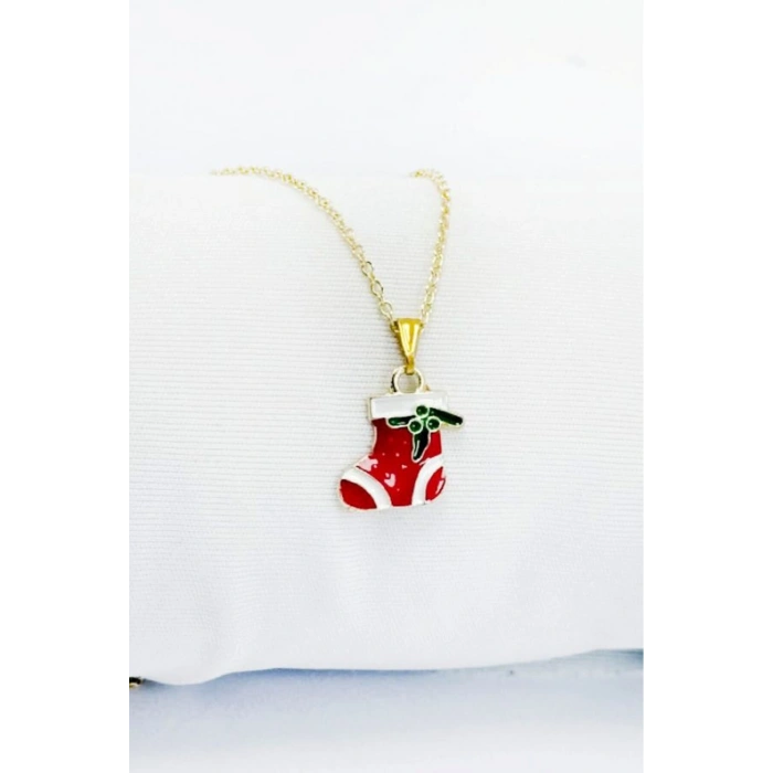 Gold Zincirli Yılbaşı Çizme Figürlü Kolye, Hediyelik Christmas Kolye (45 cm)