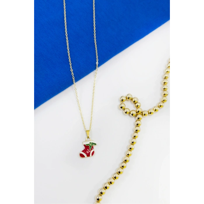 Gold Zincirli Yılbaşı Çizme Figürlü Kolye, Hediyelik Christmas Kolye (45 cm)