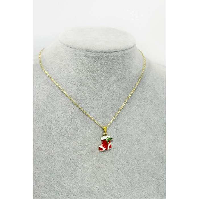 Gold Zincirli Yılbaşı Çizme Figürlü Kolye, Hediyelik Christmas Kolye (45 cm)