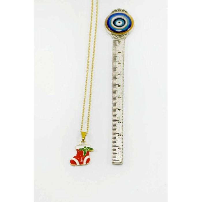 Gold Zincirli Yılbaşı Çizme Figürlü Kolye, Hediyelik Christmas Kolye (45 cm)