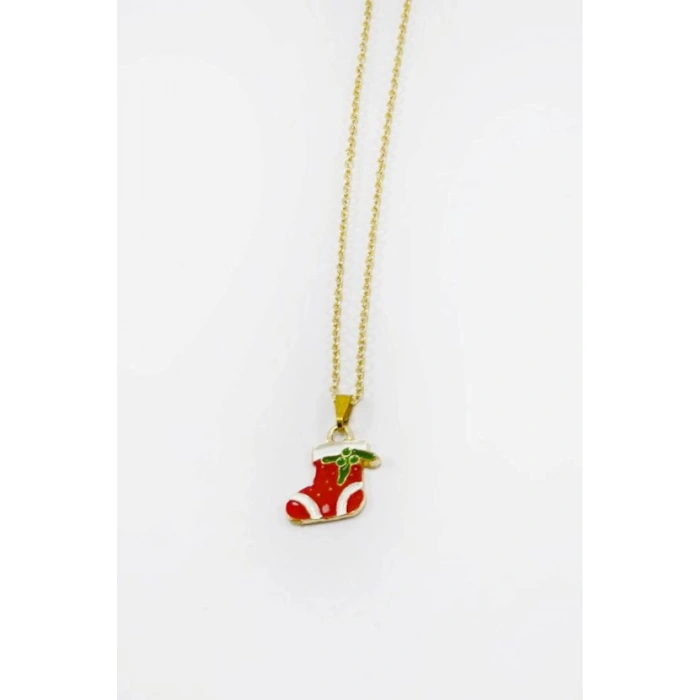 Gold Zincirli Yılbaşı Çizme Figürlü Kolye, Hediyelik Christmas Kolye (45 cm)