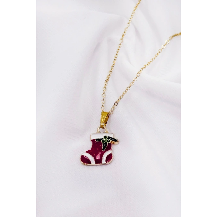 Gold Zincirli Yılbaşı Çizme Figürlü Kolye, Hediyelik Christmas Kolye (45 cm)