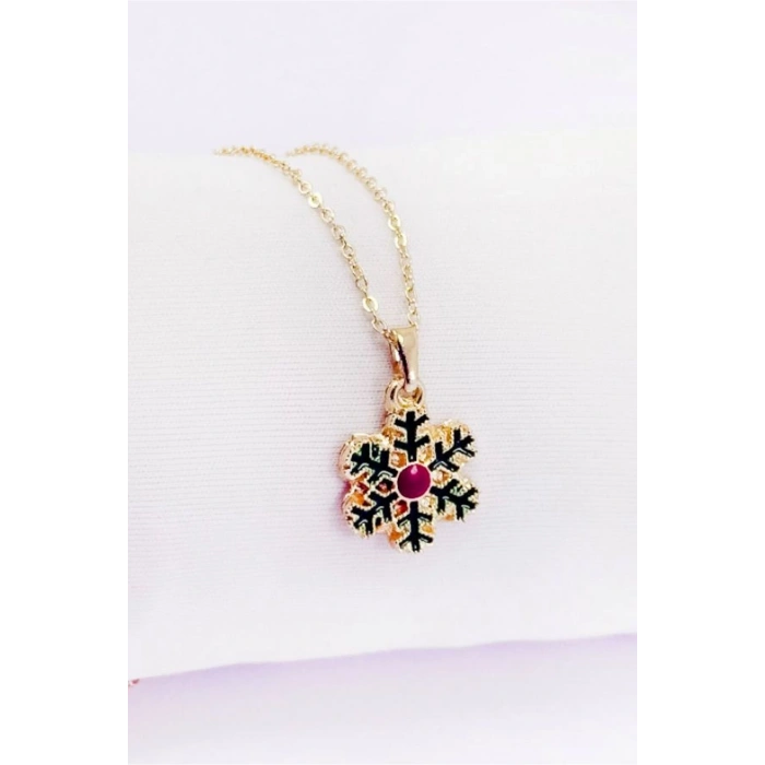 Gold Zincirli Yılbaşı Kar Tanesi Figürlü Kolye, Hediyelik Christmas Kolye (45 cm)