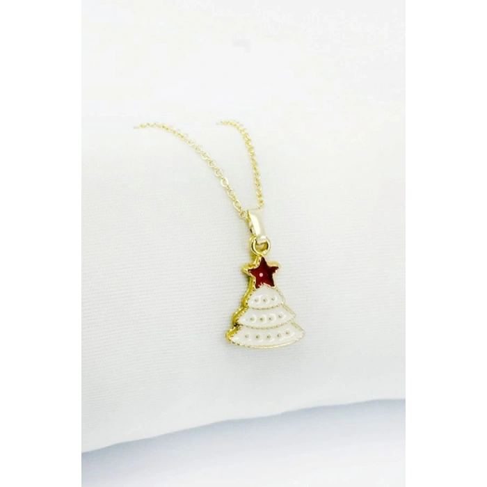 Gold Zincirli Yılbaşı Temalı Çam Ağaçlı Kolye, Hediyelik Christmas Kolye (45 cm)