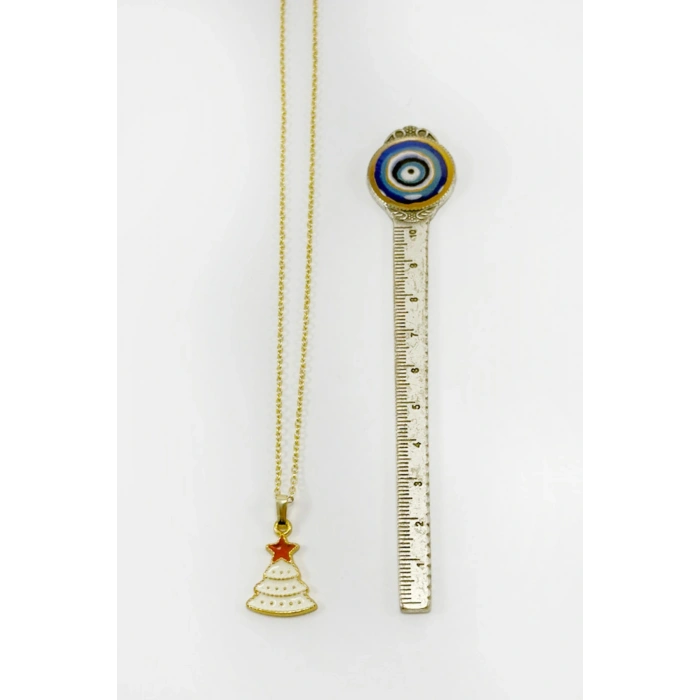 Gold Zincirli Yılbaşı Temalı Çam Ağaçlı Kolye, Hediyelik Christmas Kolye (45 cm)