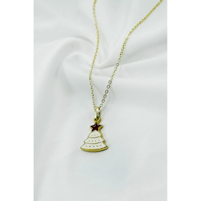 Gold Zincirli Yılbaşı Temalı Çam Ağaçlı Kolye, Hediyelik Christmas Kolye (45 cm)
