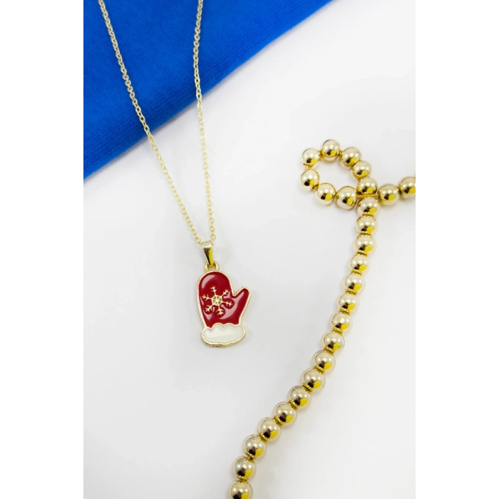 Gold Zincirli Yılbaşı Temalı Eldivenli Kolye, Hediyelik Christmas Kolye (45 cm)