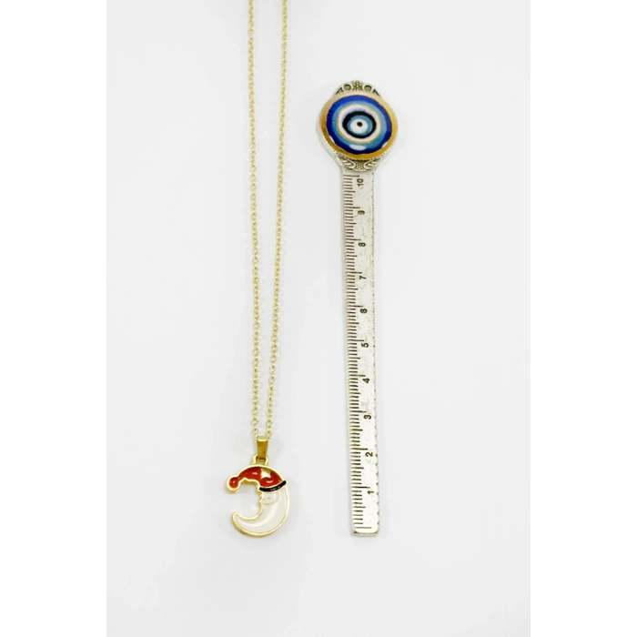 Gold Zincirli Yılbaşı Temalı Ay Figürlü Kolye, Hediyelik Christmas Kolye (45 cm)