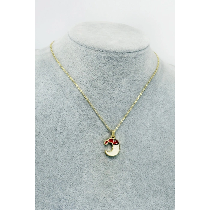 Gold Zincirli Yılbaşı Temalı Ay Figürlü Kolye, Hediyelik Christmas Kolye (45 cm)