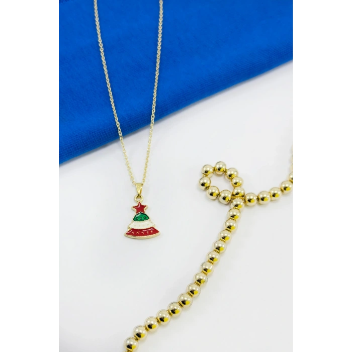 Gold Zincirli Yılbaşı Çam Ağacı Figürlü Kolye, Hediyelik Christmas Kolye (45 cm)