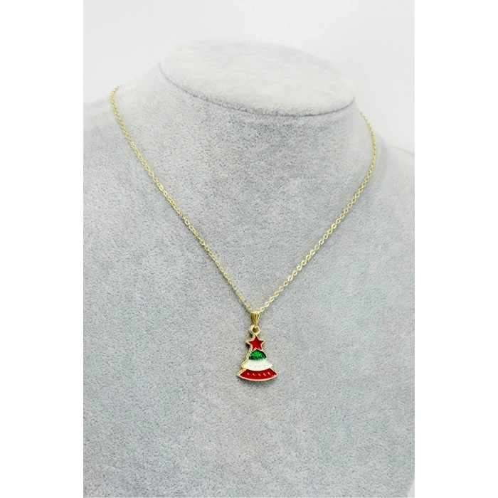 Gold Zincirli Yılbaşı Çam Ağacı Figürlü Kolye, Hediyelik Christmas Kolye (45 cm)