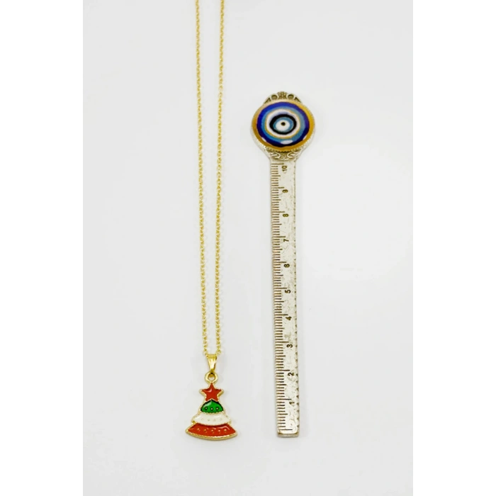 Gold Zincirli Yılbaşı Çam Ağacı Figürlü Kolye, Hediyelik Christmas Kolye (45 cm)