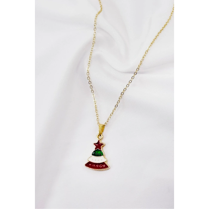 Gold Zincirli Yılbaşı Çam Ağacı Figürlü Kolye, Hediyelik Christmas Kolye (45 cm)