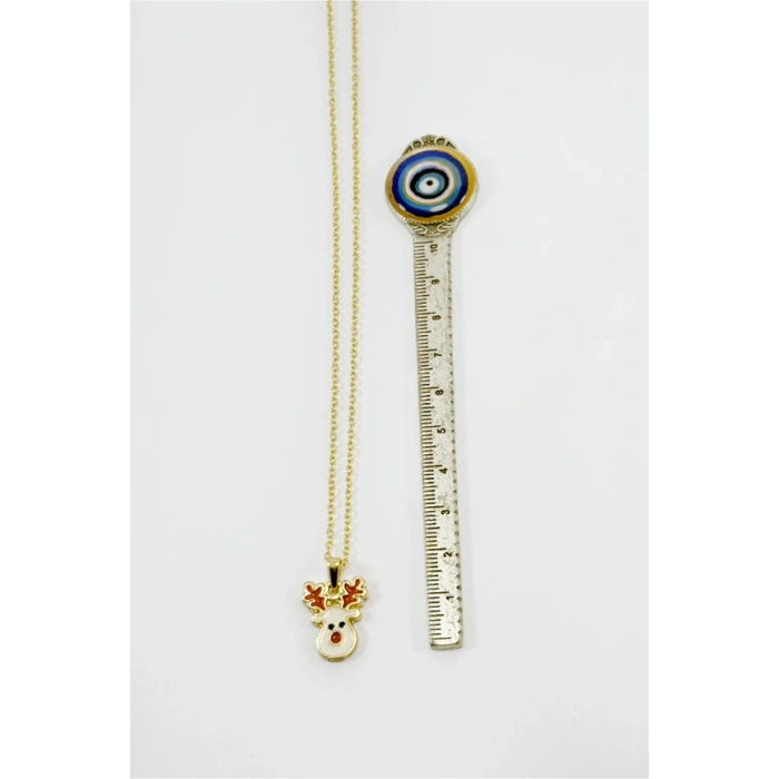 Gold Zincirli Yılbaşı Geyik Figürlü Kolye, Hediyelik Christmas Kolye (45 cm)