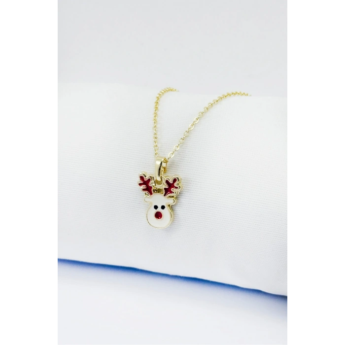 Gold Zincirli Yılbaşı Geyik Figürlü Kolye, Hediyelik Christmas Kolye (45 cm)