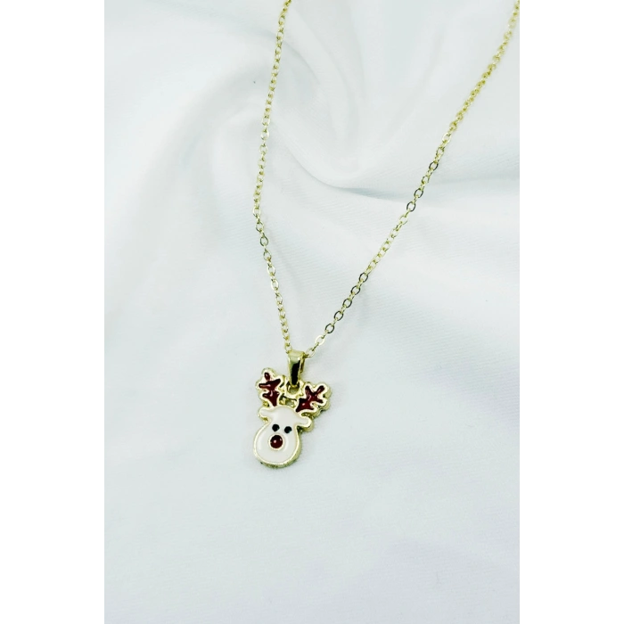 Gold Zincirli Yılbaşı Geyik Figürlü Kolye, Hediyelik Christmas Kolye (45 cm)