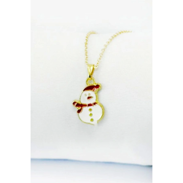 Gold Zincirli Yılbaşı Kardan Adam Figürlü Kolye, Hediyelik Christmas Kolye (45 cm)