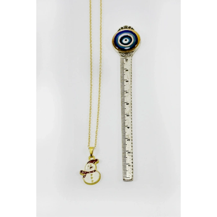 Gold Zincirli Yılbaşı Kardan Adam Figürlü Kolye, Hediyelik Christmas Kolye (45 cm)