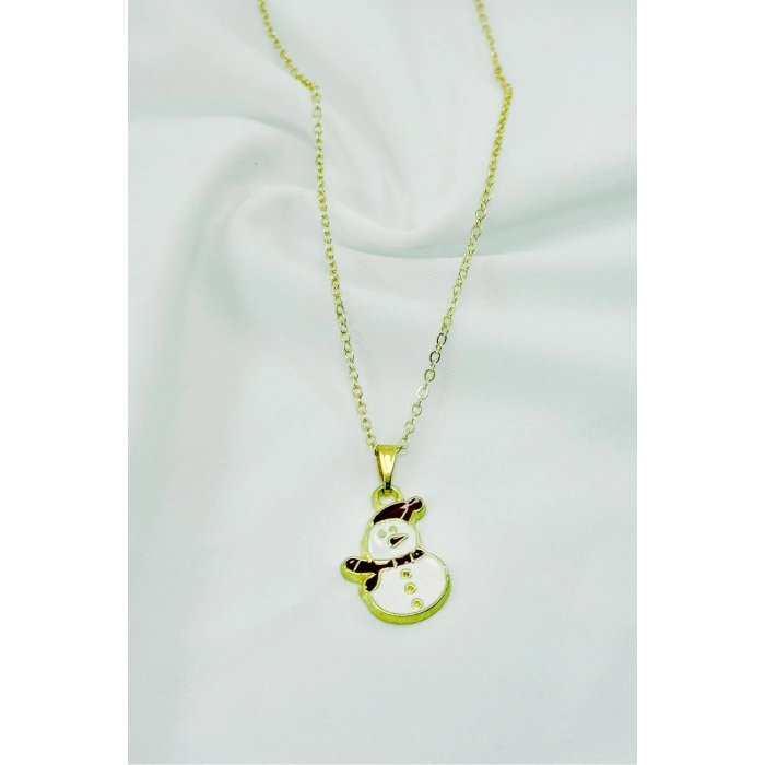 Gold Zincirli Yılbaşı Kardan Adam Figürlü Kolye, Hediyelik Christmas Kolye (45 cm)