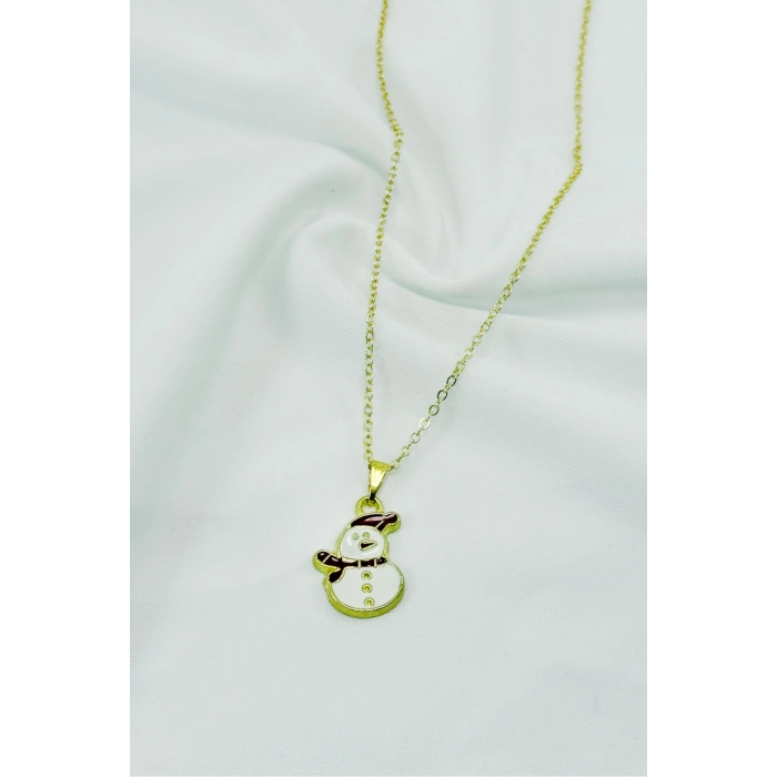 Gold Zincirli Yılbaşı Kardan Adam Figürlü Kolye, Hediyelik Christmas Kolye (45 cm)
