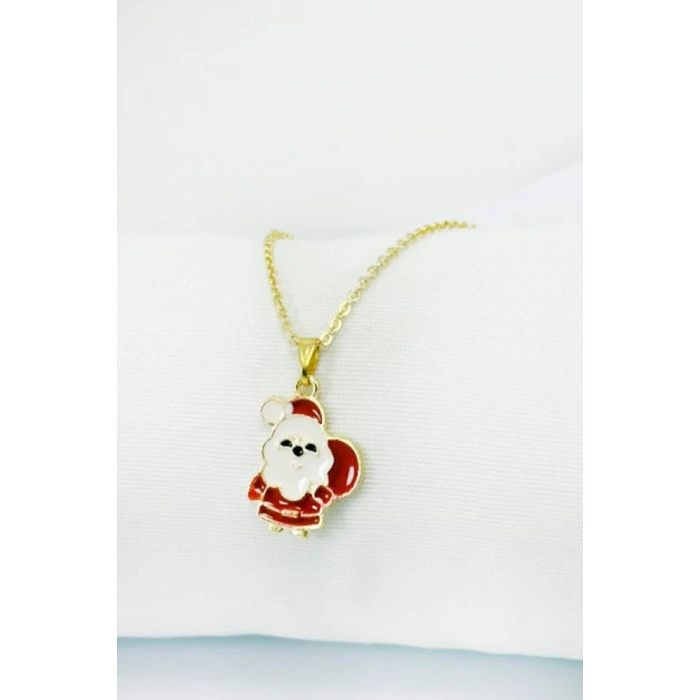 Gold Zincirli Yılbaşı Noel Baba Figürlü Kolye, Hediyelik Christmas Kolye (45 cm)