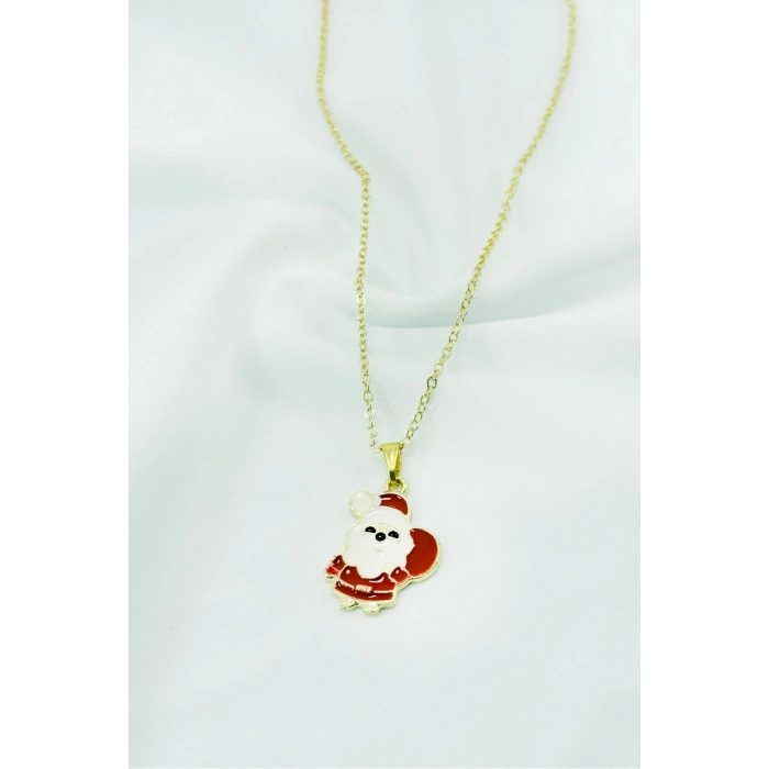 Gold Zincirli Yılbaşı Noel Baba Figürlü Kolye, Hediyelik Christmas Kolye (45 cm)