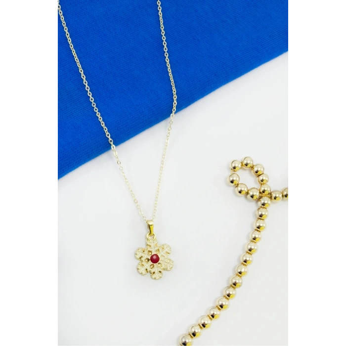 Gold Yılbaşılı Kar Tanesi Figürlü Kolye, Hediyelik Christmas Kolye (45 cm)