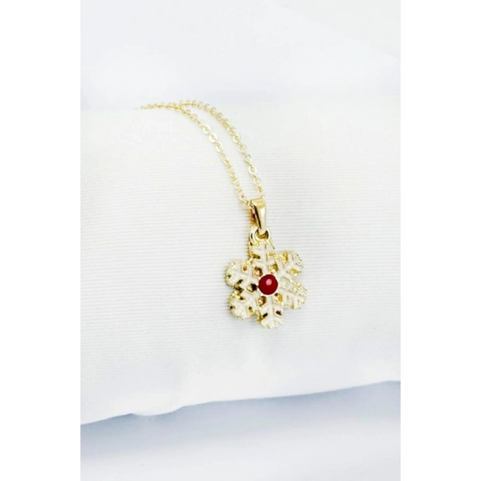 Gold Yılbaşılı Kar Tanesi Figürlü Kolye, Hediyelik Christmas Kolye (45 cm)