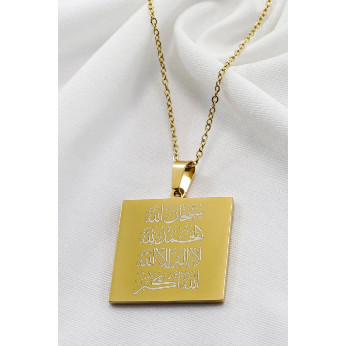 Kare Gold Paslanmaz Çelik Çift Taraflı Kişiselleştirilebilir Dört Tesbihat Yazılı Kolye Plaka 3,5cm