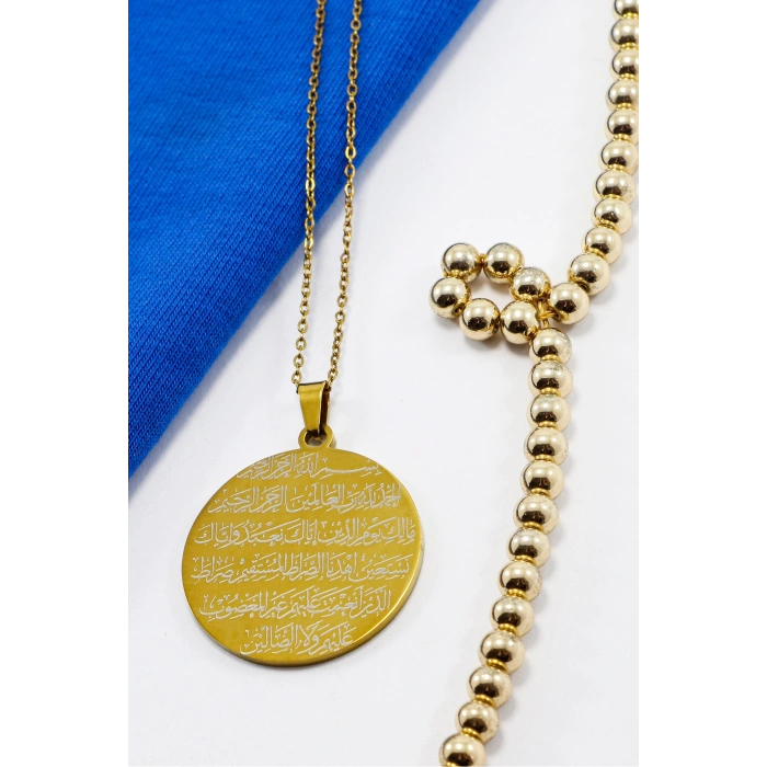 Gold Paslanmaz Çelik Çift Taraflı Kişiselleştirilebilir Fatiha Sure Yazılı Kolye Plaka 3,5cm
