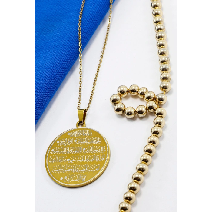 Gold Paslanmaz Çelik Çift Taraflı Kişiselleştirilebilir Hat Fatiha Sure Yazılı Kolye Plaka 3,5cm