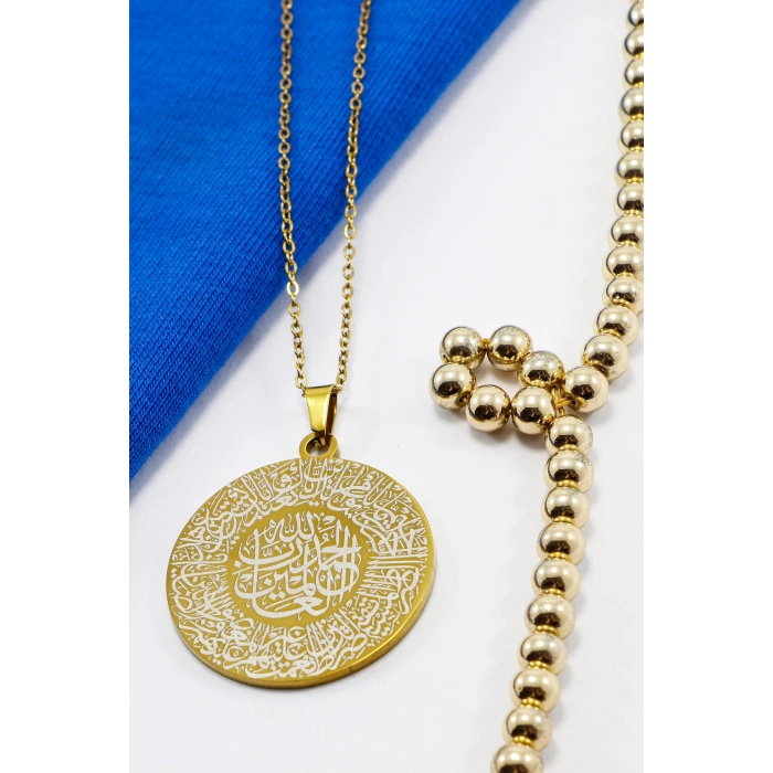 Paslanmaz Çelik Çift Taraflı Kişiselleştirilebilir Hat Fatiha Sure Yazılı Kolye Gold Plaka 3,5cm