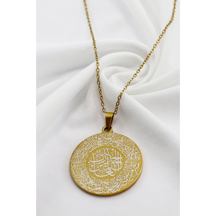 Paslanmaz Çelik Çift Taraflı Kişiselleştirilebilir Hat Fatiha Sure Yazılı Kolye Gold Plaka 3,5cm