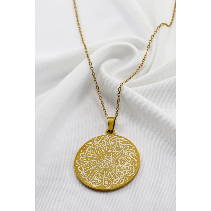 Gold Plaka 316L Paslanmaz Çelik Hat İnşirah Süresi § La İlahe İllallah Yazı Lazer Kazıma Kolye 3,5cm