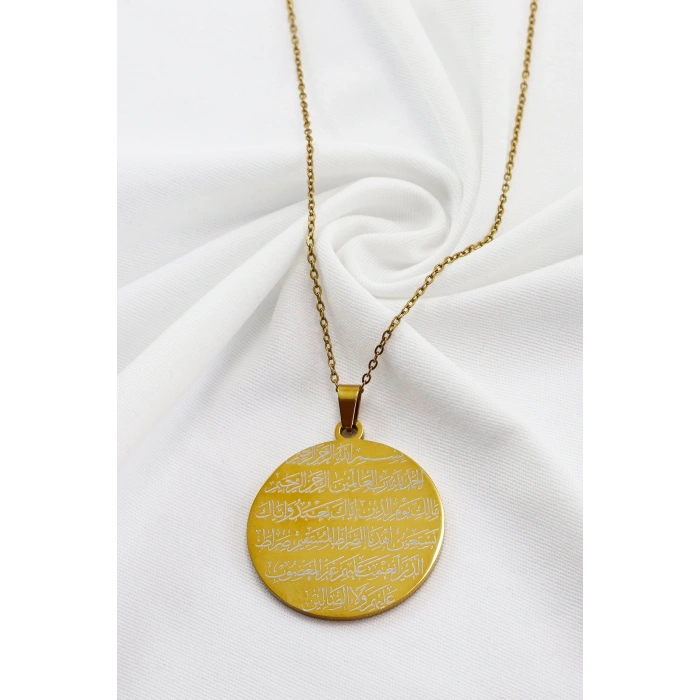 Manevi Kalkan Hat Nazar Ayeti ve Fatiha Suresi Lazer Kazıma Gold Renkli 316L Çelik Kolye 3,5 cm