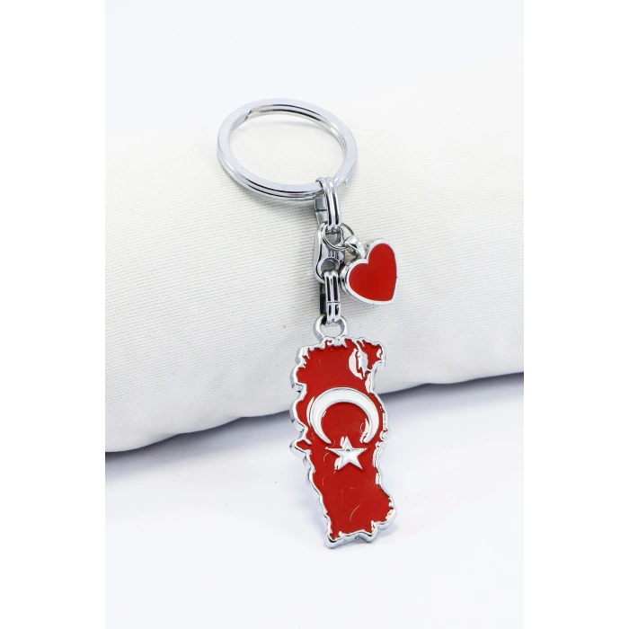 Kırmızı Kalpli Bayrak Desenli Türkiye Haritası Anahtarlık, Hediyelik Küçük Çanta Süsü