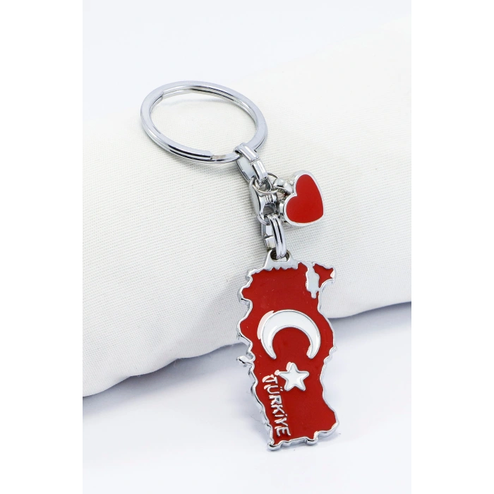 Kalpli Kırmızı Türk Bayraklı Ay Yıldız Türkiye Yazılı Harita Anahtarlık, Küçük Çanta Süsü