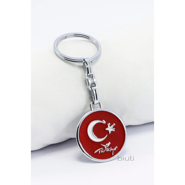 Yuvarlak Türk Bayrağı Metal Anahtarlık, Çift Taraflı Arkada Türkiye Haritası
