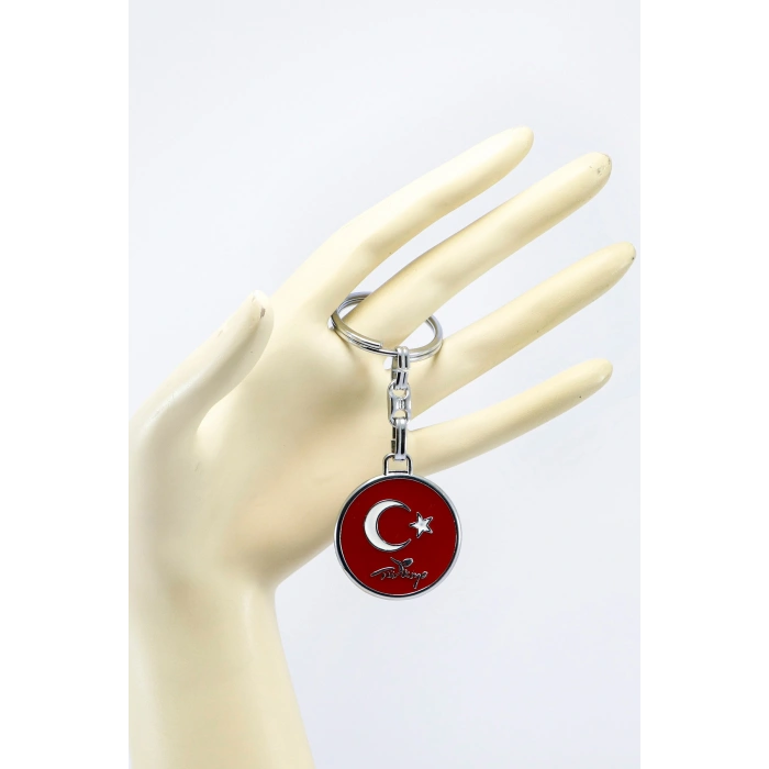 Yuvarlak Türk Bayrağı Metal Anahtarlık, Çift Taraflı Arkada Türkiye Haritası