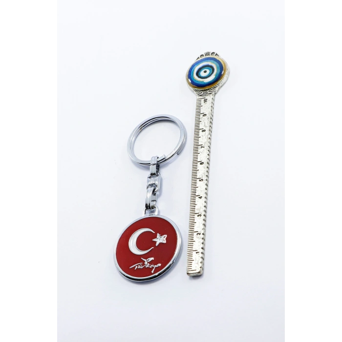 Yuvarlak Türk Bayrağı Metal Anahtarlık, Çift Taraflı Arkada Türkiye Haritası