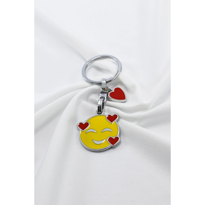 Gülümseyen Emoji Metal Anahtarlık, Kırmızı Metal Kalpli Küçük Çanta Süsü