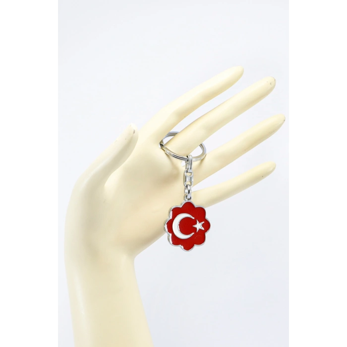 Çiçekli Kırmızı Türk Bayrağı Metal Anahtarlık, Küçük Çanta Süsü