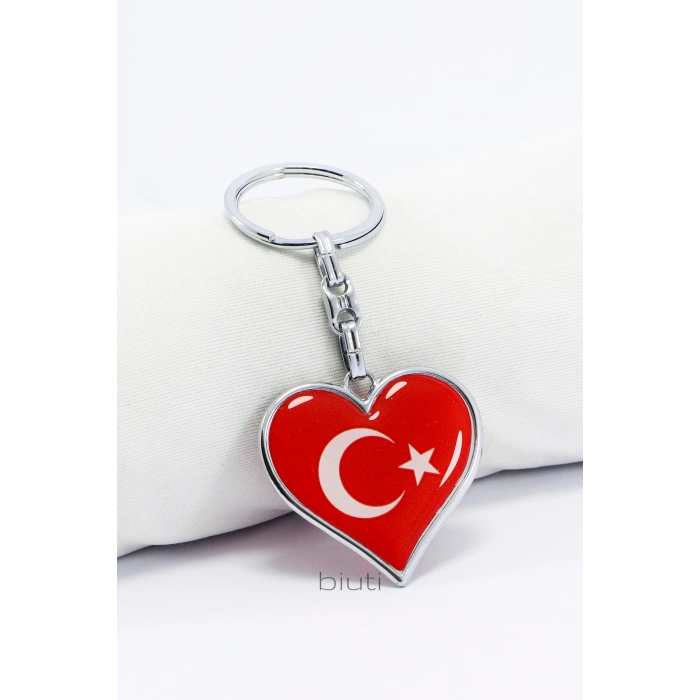 Kırmızı Kalp Türk Bayrağı Çift Taraflı Metal Anahtarlık, Hediyelik Çanta Süsü
