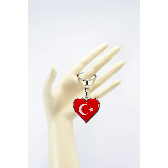 Kırmızı Kalp Türk Bayrağı Çift Taraflı Metal Anahtarlık, Hediyelik Çanta Süsü