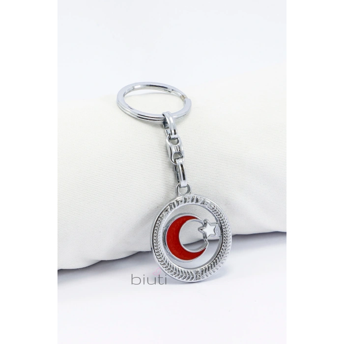 Gümüş Renkli Metal Çerçeveli Türk BayrağıKırmızı Ay Yıldız Metal Anahtarlık